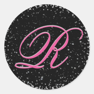 Pegatina Redonda Monograma negro y rosa con estrellas