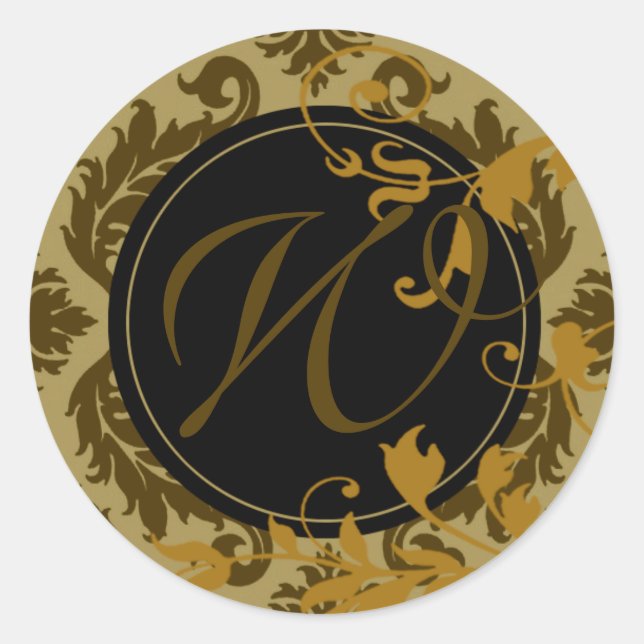 Pegatina Redonda Monograma Neopolitano Damask "W" (apio/mostaza) (Anverso)