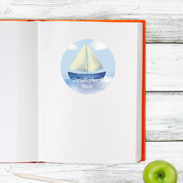 Pegatina Redonda Monograma Niños Barco de vela Este libro pertenece