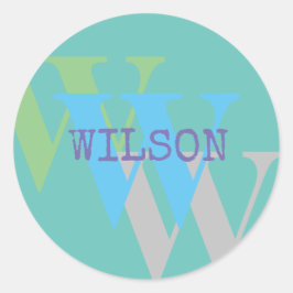 Pegatina Redonda Monograma nombre azul gris gris GREEN regalo elega