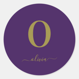 Pegatina Redonda Monograma Nombre Guión Personalizado Púrpura Y Oro