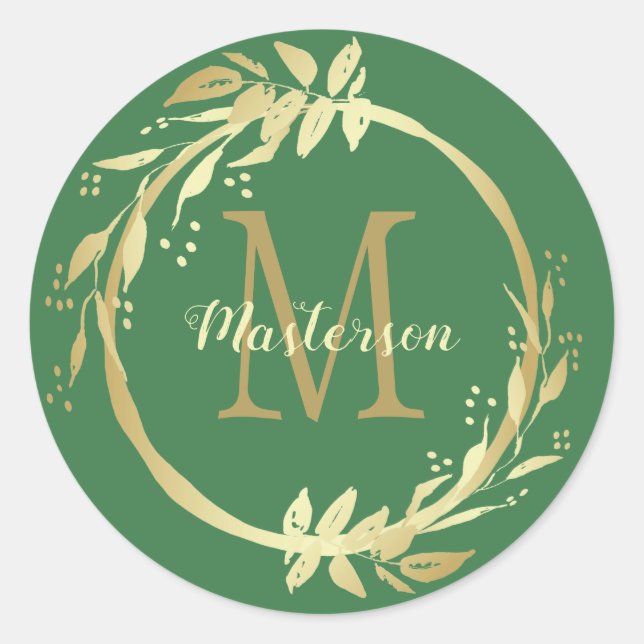 Pegatina Redonda Monograma Nombre Navidad verde oro (Anverso)