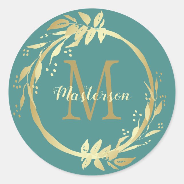 Pegatina Redonda Monograma Nombre Navidad verde Verde azulado dorad (Anverso)
