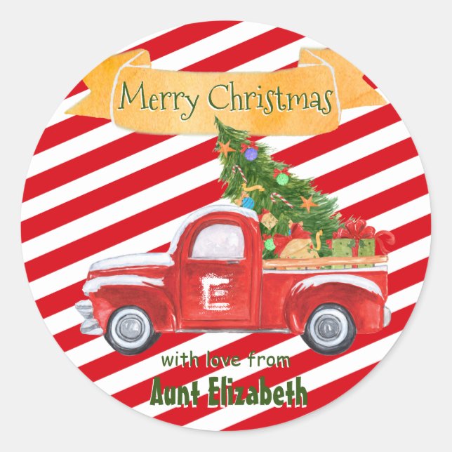 Pegatina Redonda Monograma Nombre Navidades de vacaciones de camion (Anverso)