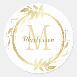 Pegatina Redonda Monograma Nombre Oro Navidades Blancos Wreath Clas