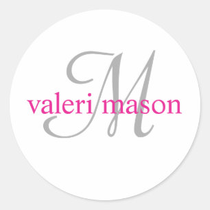 Pegatina Redonda Monograma: Nombre rosado con la inicial gris