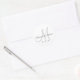 Pegatina Redonda Monograma Nombres de fecha Script matrimonio elega