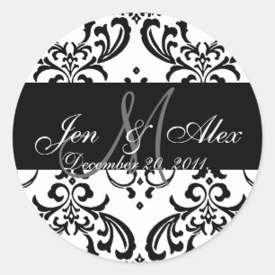 Pegatina Redonda Monograma Novia Groom Damask Pegatinas