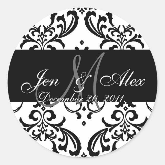 Pegatina Redonda Monograma Novia Groom Damask Pegatinas (Anverso)