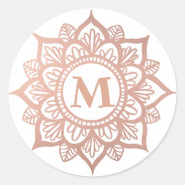 Pegatina Redonda Monograma Nuevo Rosa Oro Mandala