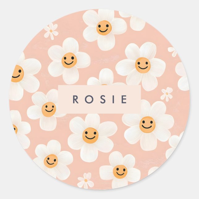Pegatina Redonda Monograma Patrón floral de sonrisa personalizada D (Anverso)