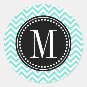 Pegatina Redonda Monograma personalizado Aqua Chevron Zigzag