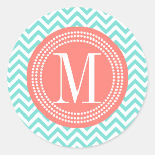 Pegatina Redonda Monograma personalizado Aqua Chevron Zigzag