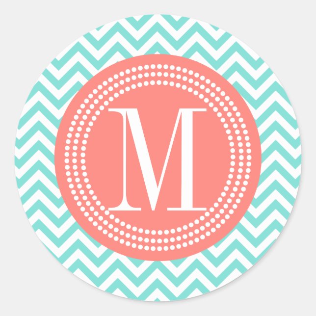 Pegatina Redonda Monograma personalizado Aqua Chevron Zigzag (Anverso)