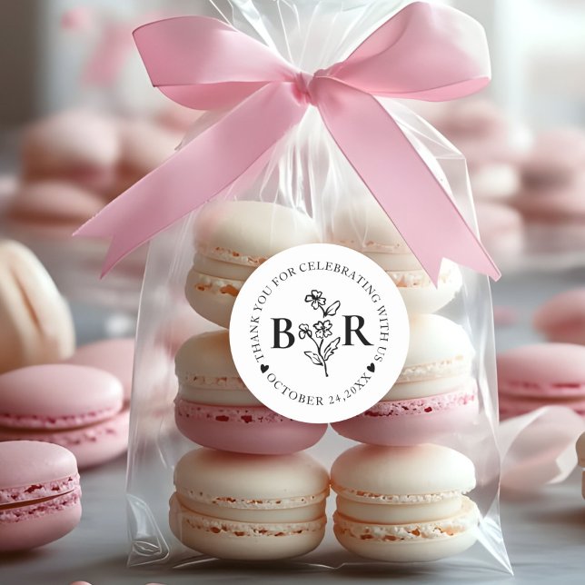 Pegatina Redonda Monograma personalizado botánico en blanco y negro (Subido por el creador)