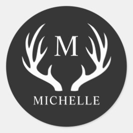 Pegatina Redonda Monograma Personalizado con Cuerno de Ciervo Blanc