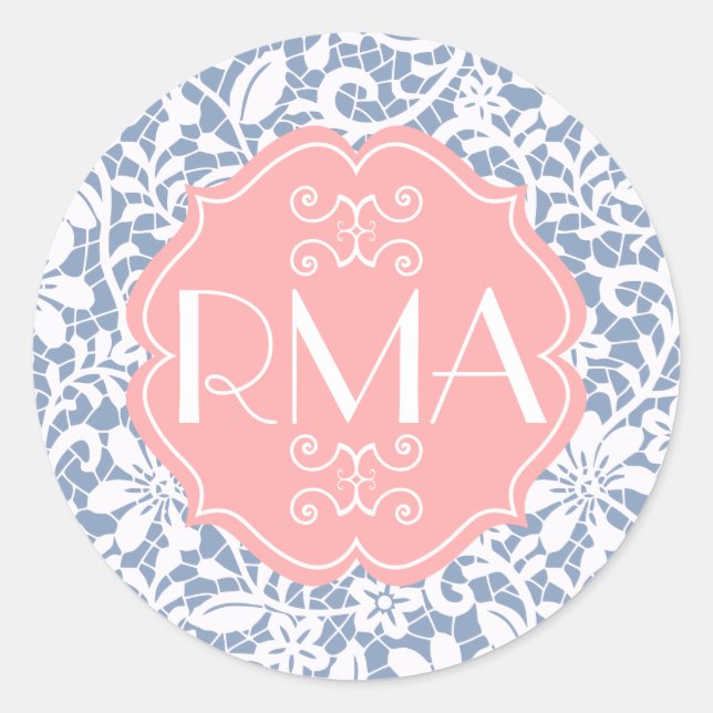 Pegatina Redonda Monograma personalizado de encaje azul elegante (Anverso)