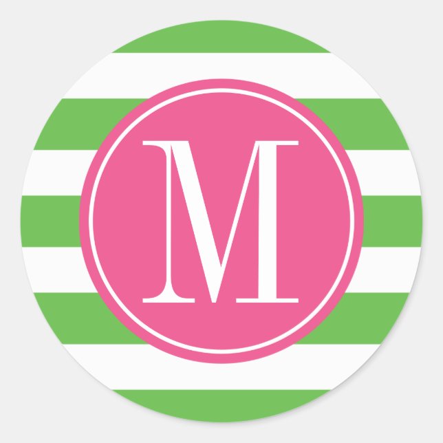 Pegatina Redonda Monograma Personalizado de franjas rosadas y verde (Anverso)