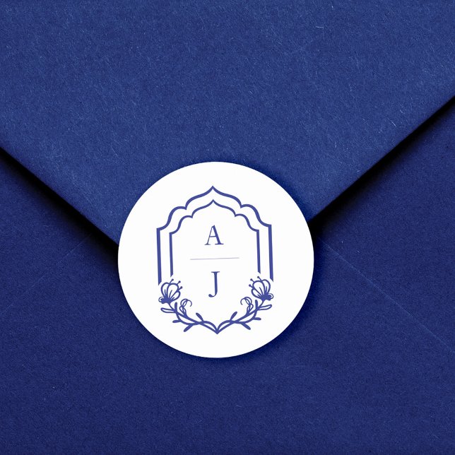 Pegatina Redonda Monograma Personalizado de marco decorativo Boda f (Decorative Frame Custom Floral Wedding Monogram Classic Round Sticker)