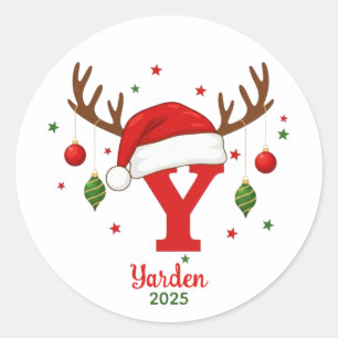 Pegatina Redonda Monograma Personalizado de Navidad con Sombrero de