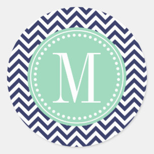 Pegatina Redonda Monograma personalizado de Navy Chevron Zigzag