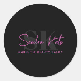 Pegatina Redonda Monograma Personalizado del Salón de Belleza Rosa 