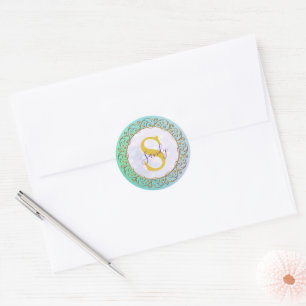 Pegatina Redonda Monograma personalizado Mandala Oro y turquesa