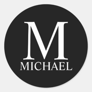 Pegatina Redonda Monograma Personalizado Negro y Nombre