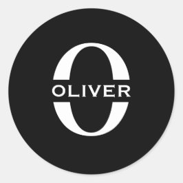 Pegatina Redonda Monograma Personalizado Nombre Blanco Y Negro