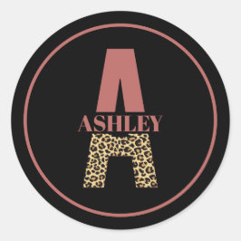 Pegatina Redonda Monograma personalizado Una huella de leopardo ros