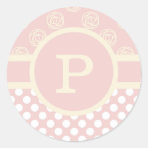 Pegatina Redonda Monograma Personalizado único Punto de Polka y Ros