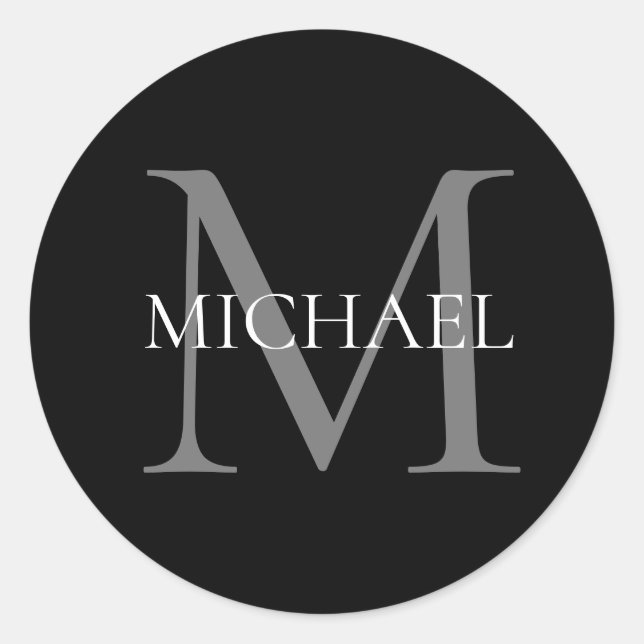 Pegatina Redonda Monograma personalizado y nombre negro (Anverso)