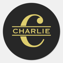 Pegatina Redonda Monograma Personalizado Y Nombre Negro Y Oro