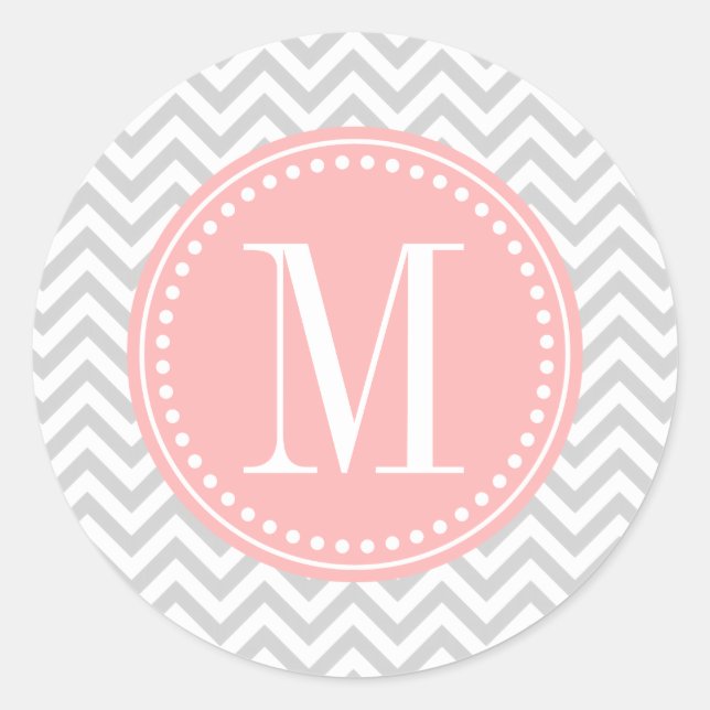 Pegatina Redonda Monograma personalizado Zigzag Chevron Gris claro (Anverso)