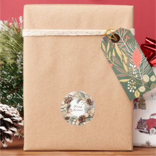 Pegatina Redonda Monograma Pinecone Invierno Wreath Feliz Navidad