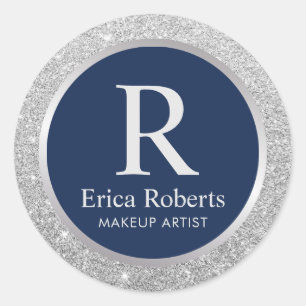 Pegatina Redonda Monograma Purpurina azul elegante plateado de la M