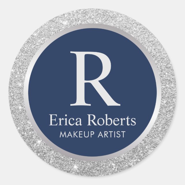 Pegatina Redonda Monograma Purpurina azul elegante plateado de la M (Anverso)