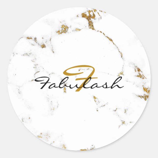 Pegatina Redonda Monograma Purpurina de oro de mármol blanco redond (Anverso)