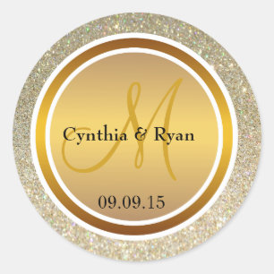 Pegatina Redonda Monograma Purpurina de oro y Boda de oro metálico