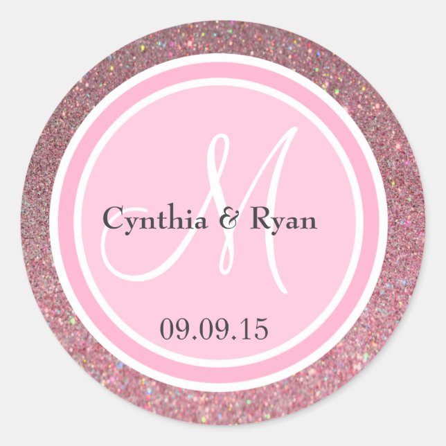 Pegatina Redonda Monograma Purpurina rosa y Boda rosa (Anverso)