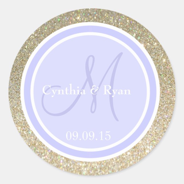 Pegatina Redonda Monograma Purpurina y Boda de perilla (Anverso)