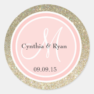 Pegatina Redonda Monograma Purpurina y Boda rosado de Petal