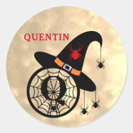 Pegatina Redonda Monograma Q Halloween Sky Witch Spider Name