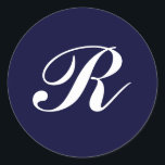 Pegatina Redonda Monograma R, guión blanco sobre azul marino<br><div class="desc">Monograma R,  guión blanco sobre azul marino</div>