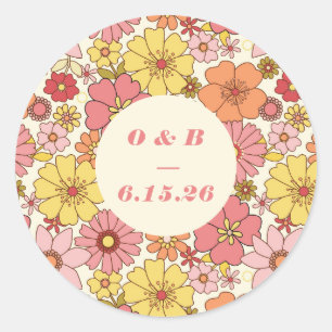 Pegatina Redonda Monograma Retro Boho Rosa Amarillo Floral Boda