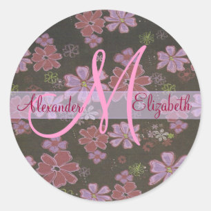 Pegatina Redonda Monograma retro de las flores