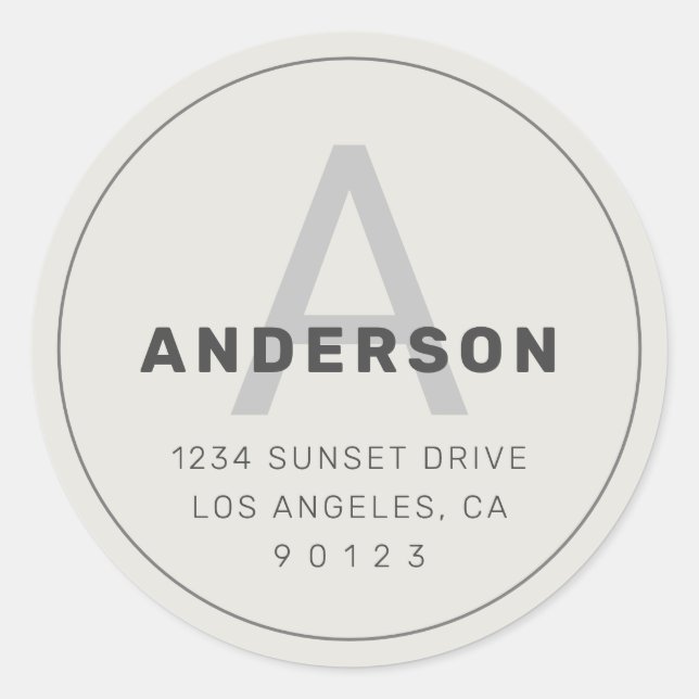 Pegatina Redonda Monograma Retro-Moderno  | Gris Oscuro y Blanco Su (Anverso)