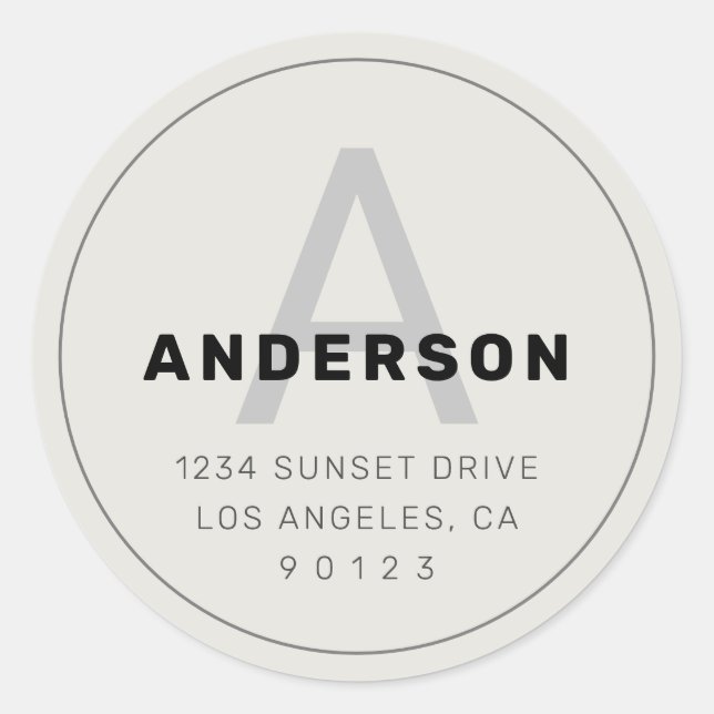 Pegatina Redonda Monograma Retro Moderno | Negro Gris y Blanco Desl (Anverso)