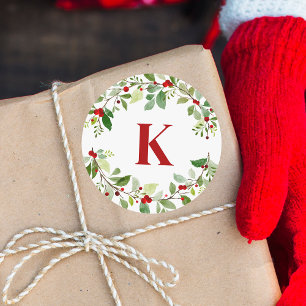 Pegatina Redonda Monograma rojo ruso Holly deja a Navidades de Berr