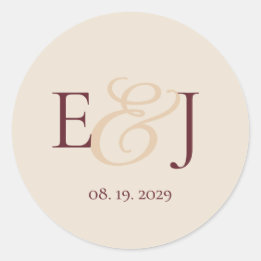 Pegatina Redonda Monograma romántico de ampersand Burgundy Boda